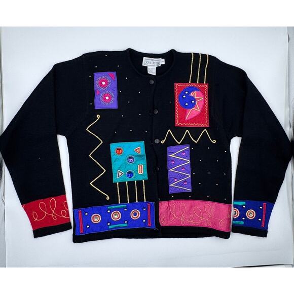 Vintage Doncaster 1990s Jeweled Black Button Down Cardigan Small - Picture 2 of 4